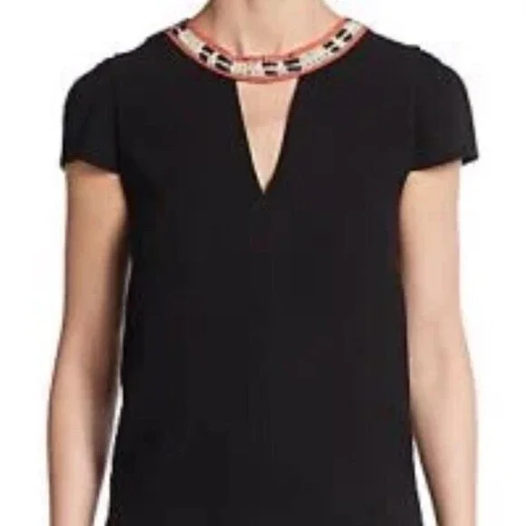 Maje Fraiche Keyhole Black Embroidered Short Sleeve Blouse size 2 $345 - Picture 5 of 15